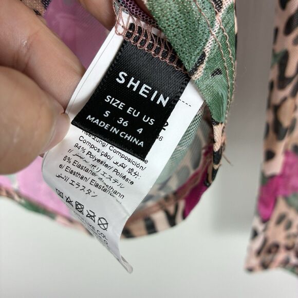 Womens Mixed Print Mesh Sheer Long Sleeve Top Sz S Animal Print Rose Party Rave - Picture 6 of 7